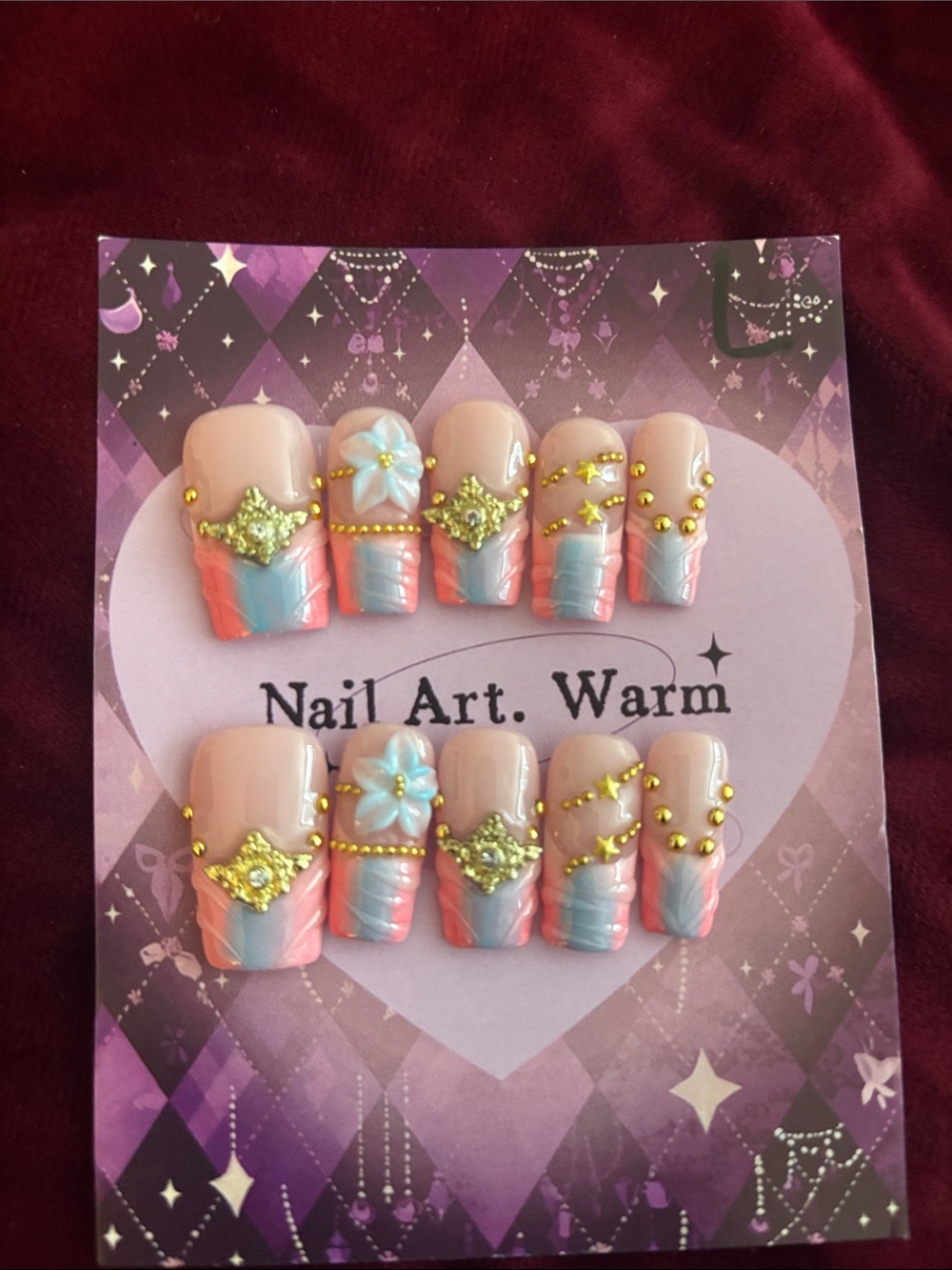 Nail Art Warm Pink & Blue Rhinestone Press-On Set